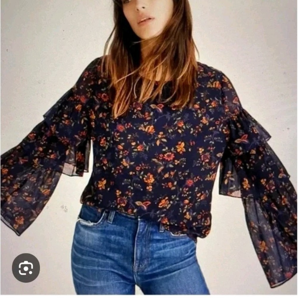 Madewell Ruffle Tiered Sleeve Blouse M Blue Floral Chiffon Boho Peasant Prairie‎